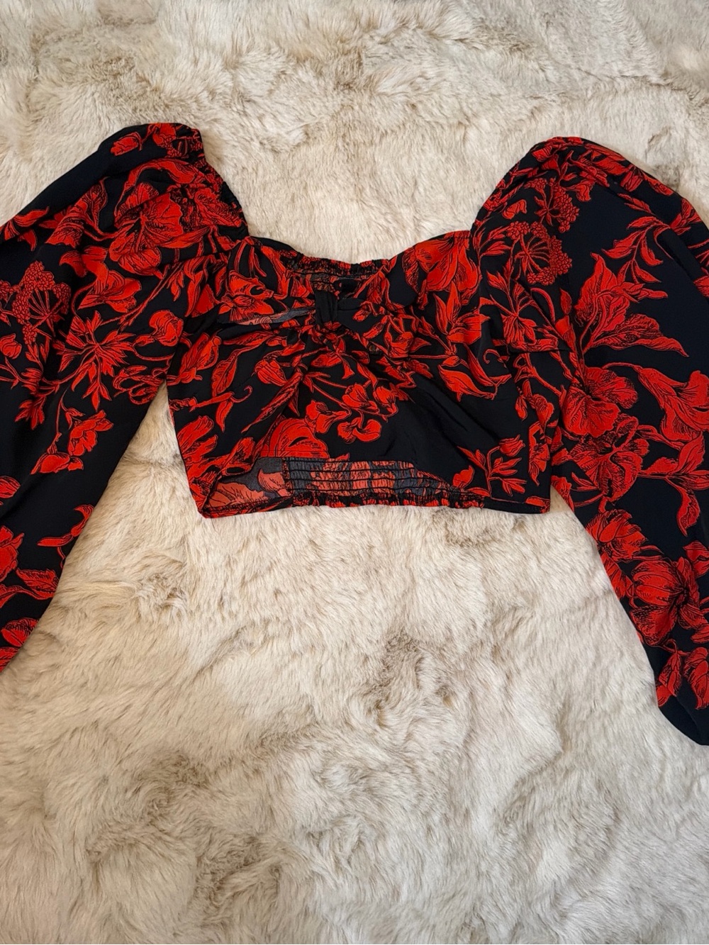 SHEIN Black Crop Top with Red Floral Puff Sleeves